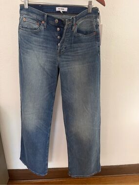 RE/DONE Mid Rise Wide Leg Jeans Womens Size 27 Blasted Wash Button Fly Raw Hem